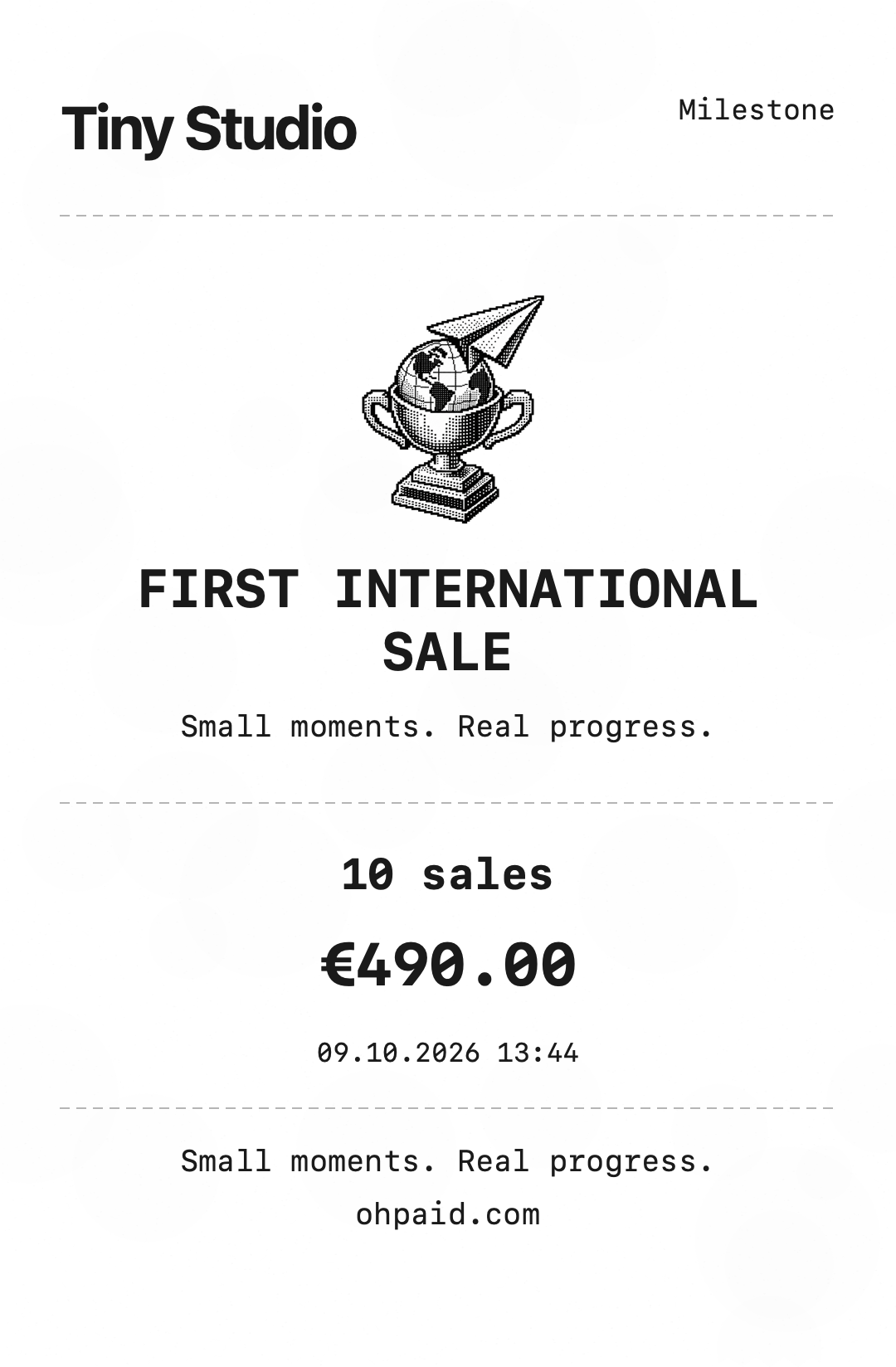 Example achievement first international receipt